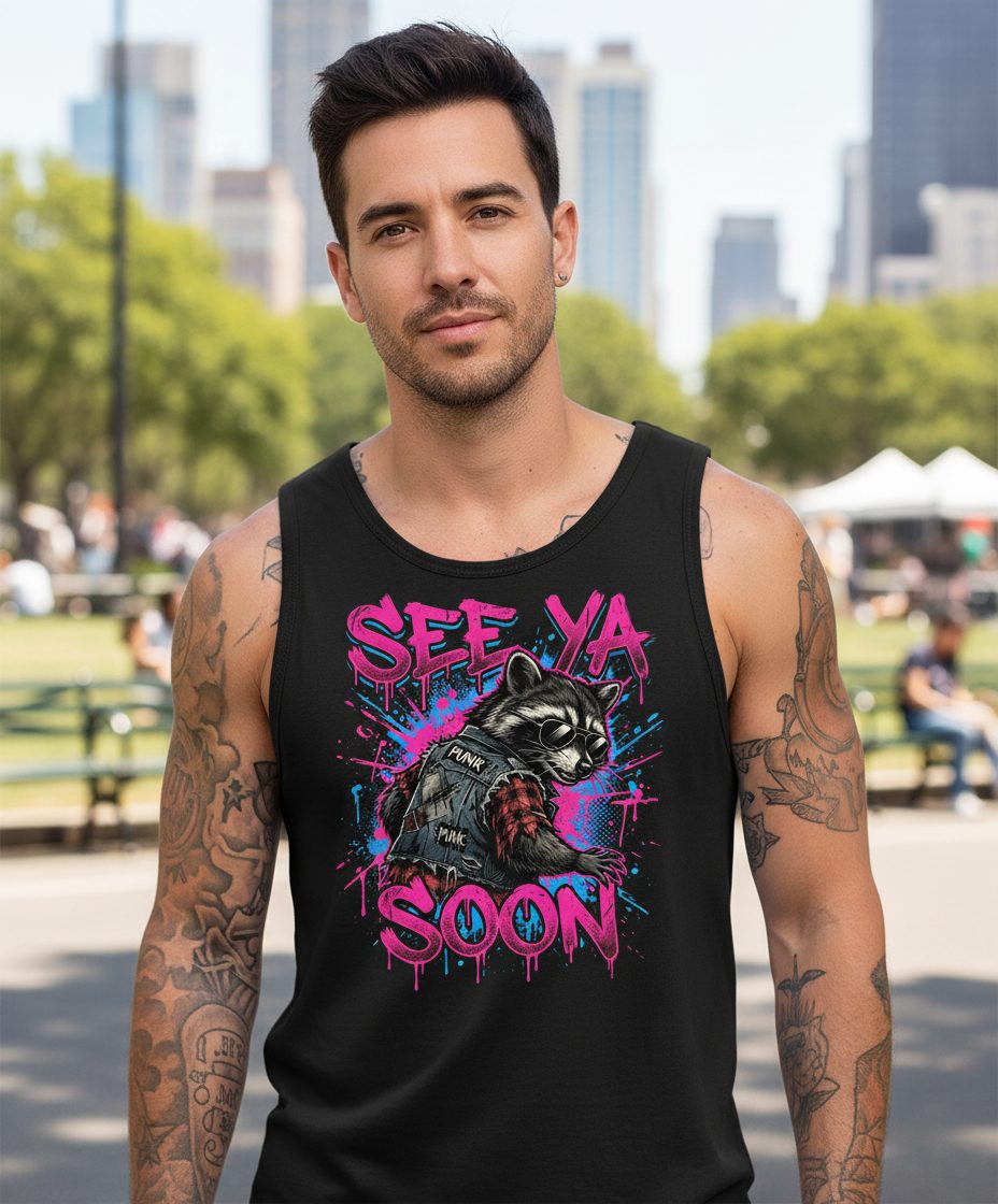 See Ya Soon Raccoon Tank Top - lifestyle model mockup - Black
