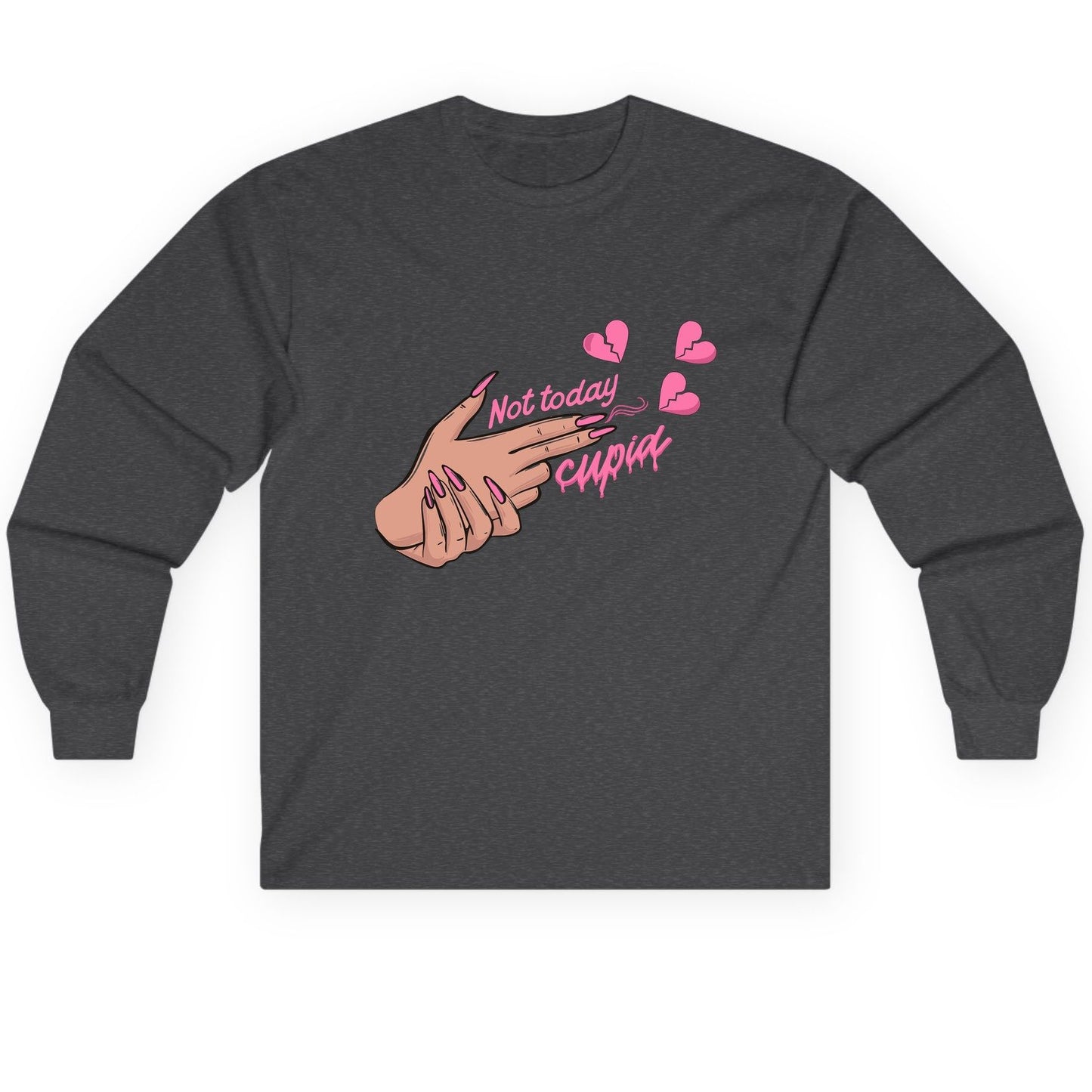 Not Today Cupid anti-Valentine's Day Long Sleeve Tee Dark Heather product mockup