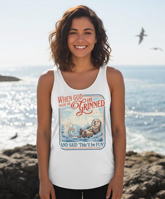 When God Made Me He Grinned and Said 'This'll Be FUN' Tank Top - lifestyle model mockup - White