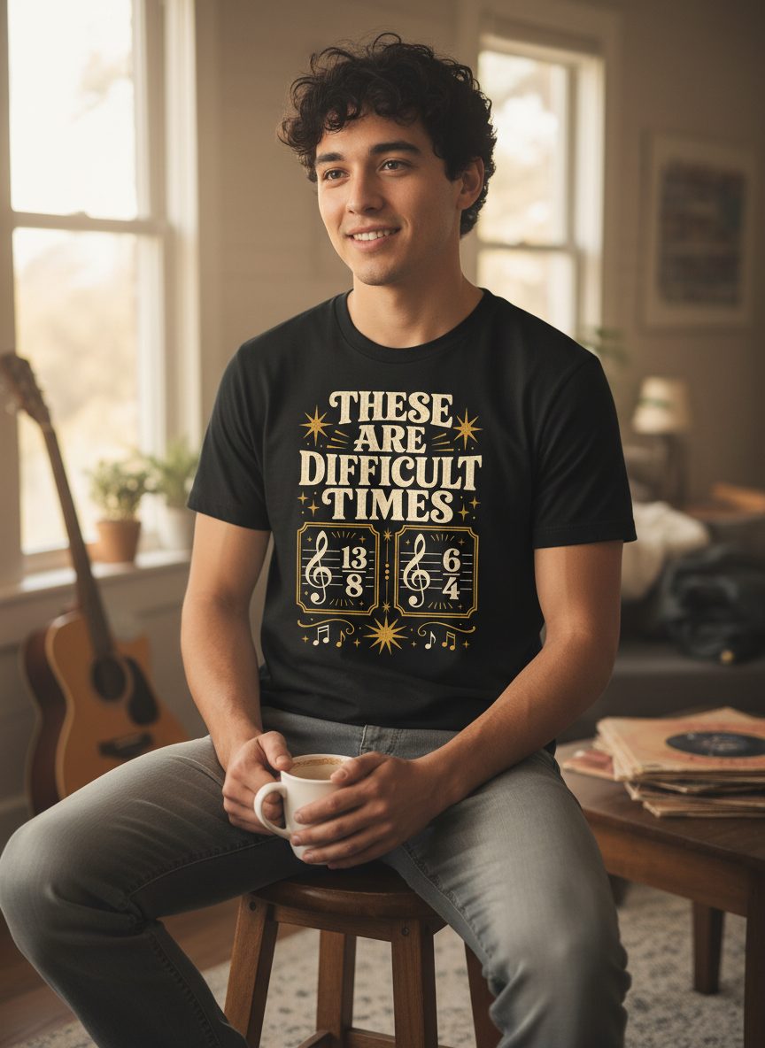 These Are Difficult Times Funny Music Pun T-Shirt - lifestyle model mockup - Black