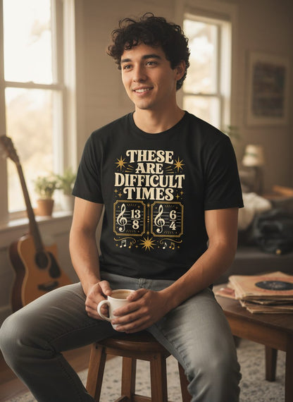 These Are Difficult Times Funny Music Pun T-Shirt - lifestyle model mockup - Black
