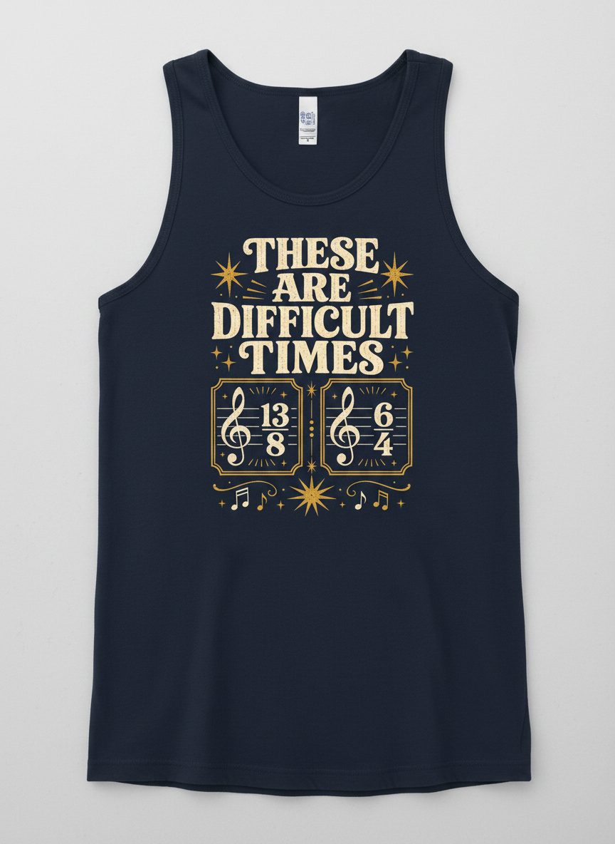 These Are Difficult Times Funny Music Pun Tank Top - product mockup - Navy