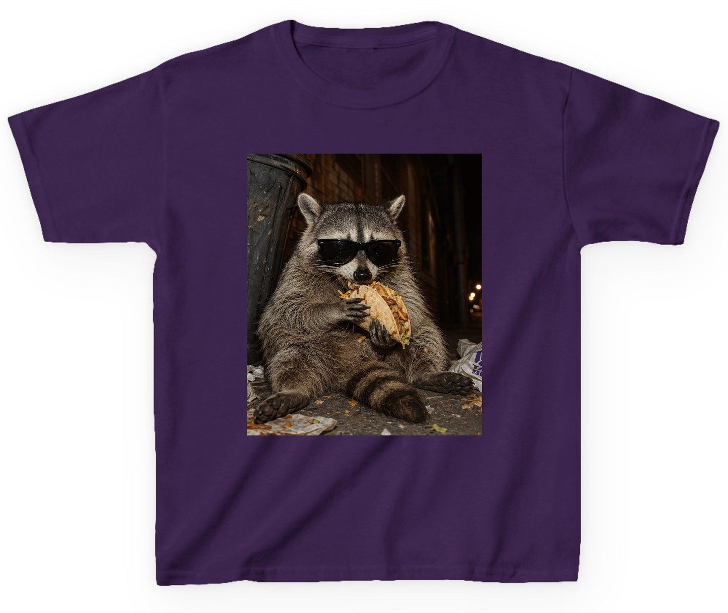 Raccoon Eating Taco Funny Animal Lovers Youth T-Shirt - product mockup - Purple