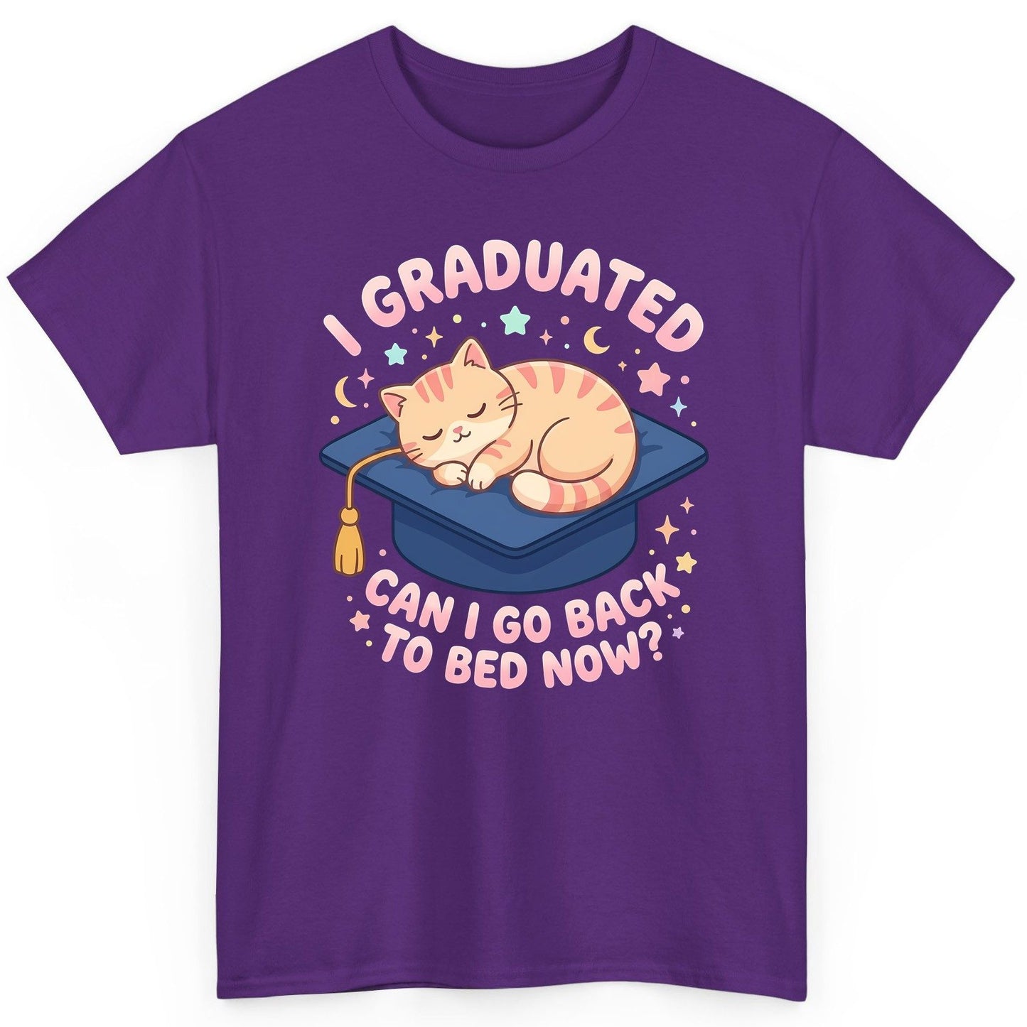 I Graduated CAN I GO BACK TO BED NOW Funny Graduation Cat T-Shirt - product mockup - Purple