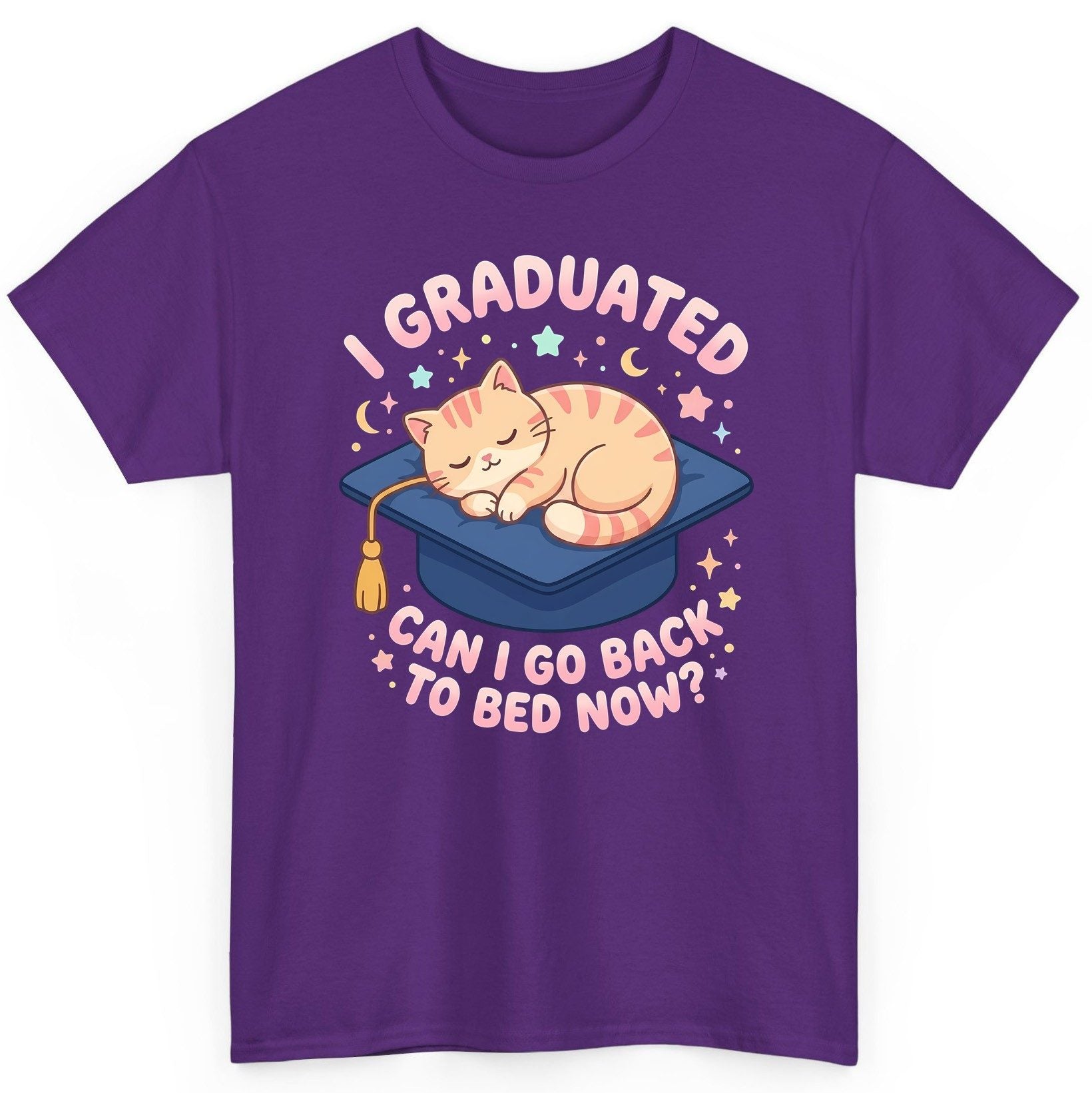 I Graduated CAN I GO BACK TO BED NOW Funny Graduation Cat T-Shirt - product mockup - Purple