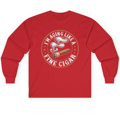 I'm Aging Like a Fine Cigar cigar smoking Long Sleeve Tee Red product mockup