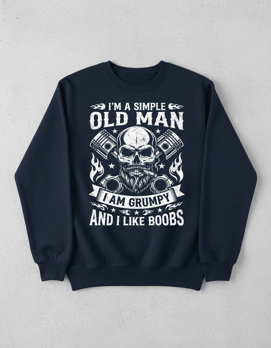 Grumpy Old Man Biker Skull and Pistons Funny Quote Sweatshirt - Navy