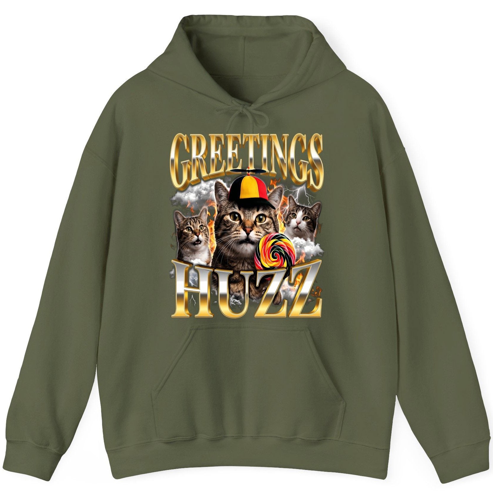 Greetings HUZZ Funny Cats Hoodie - product mockup - Military Green