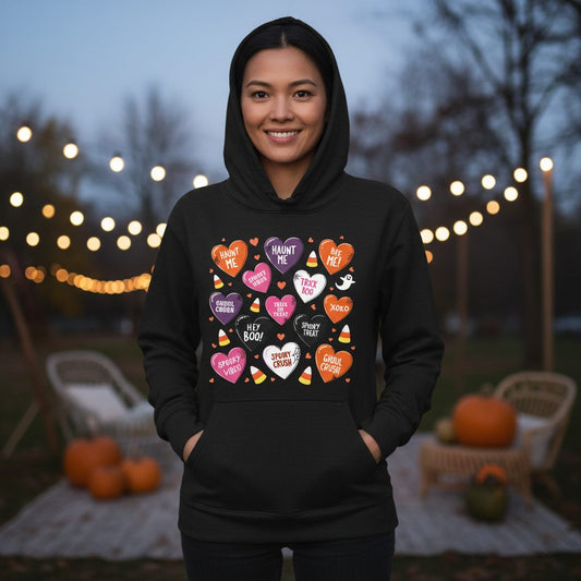 Spooky Halloween Conversation Hearts Halloween conversation hearts Hoodie Black lifestyle mockup