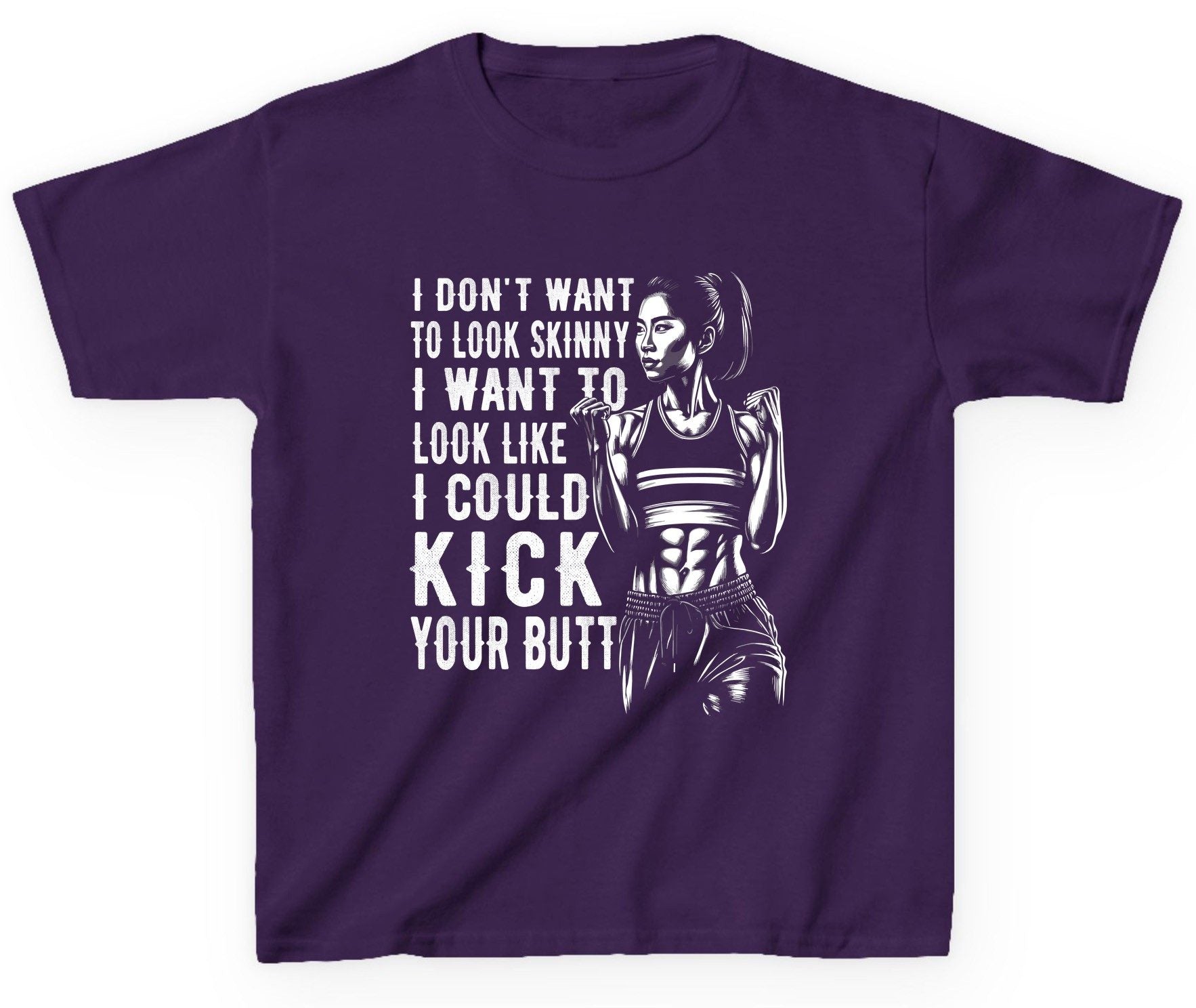 I Don't Want to Look Skinny I Want to Look Like I Could Kick Your Butt women's fitness Youth T-Shirt Purple product mockup