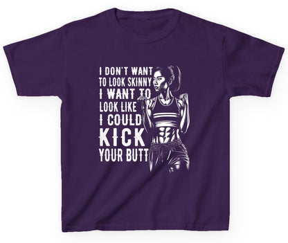 I Don't Want to Look Skinny I Want to Look Like I Could Kick Your Butt women's fitness Youth T-Shirt Purple product mockup