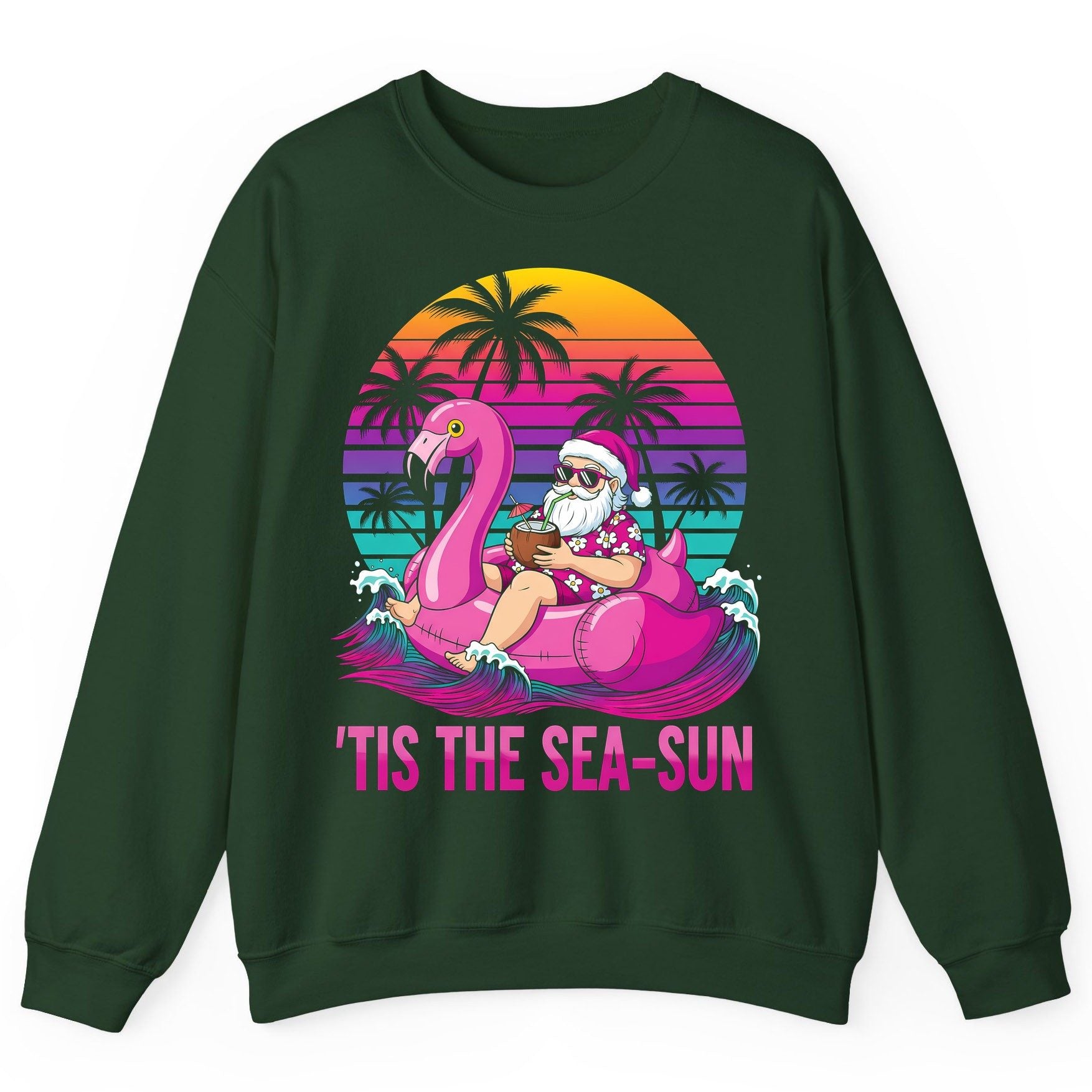 'Tis the Sea-Sun tropical santa claus Sweatshirt Forest Green product mockup
