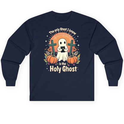 The Only Ghost I Know Is the Holy Ghost christian Halloween Long Sleeve Tee Navy product mockup