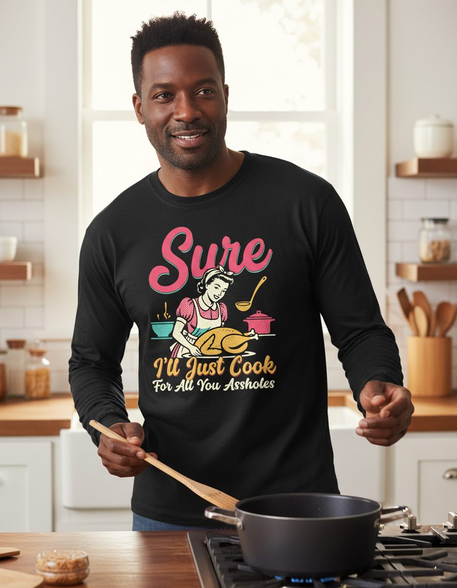 Sure, I'll Just Cook for All You Assholes sarcastic cooking Long Sleeve Tee Black lifestyle mockup