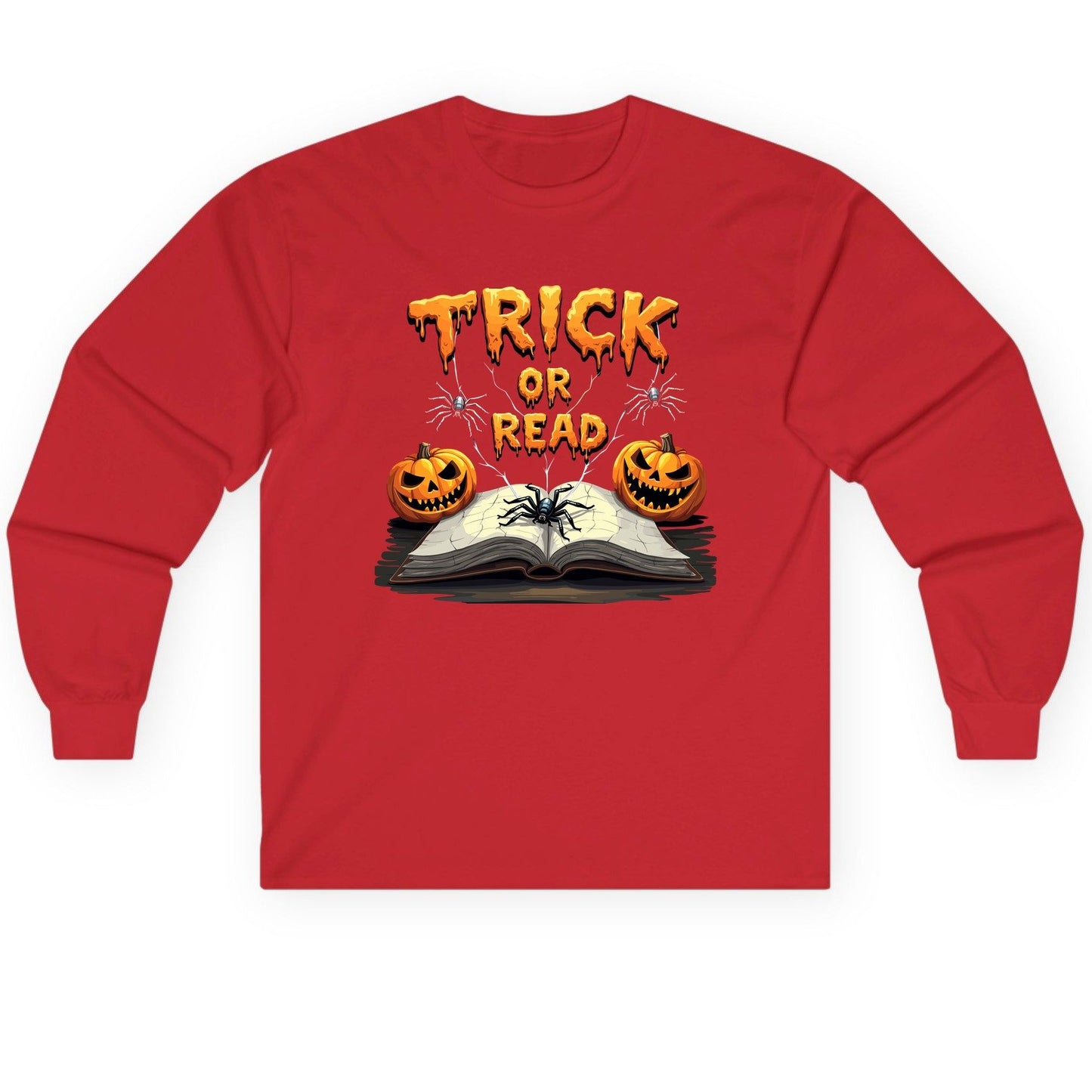 Trick or Read Halloween reading Long Sleeve Tee Red product mockup
