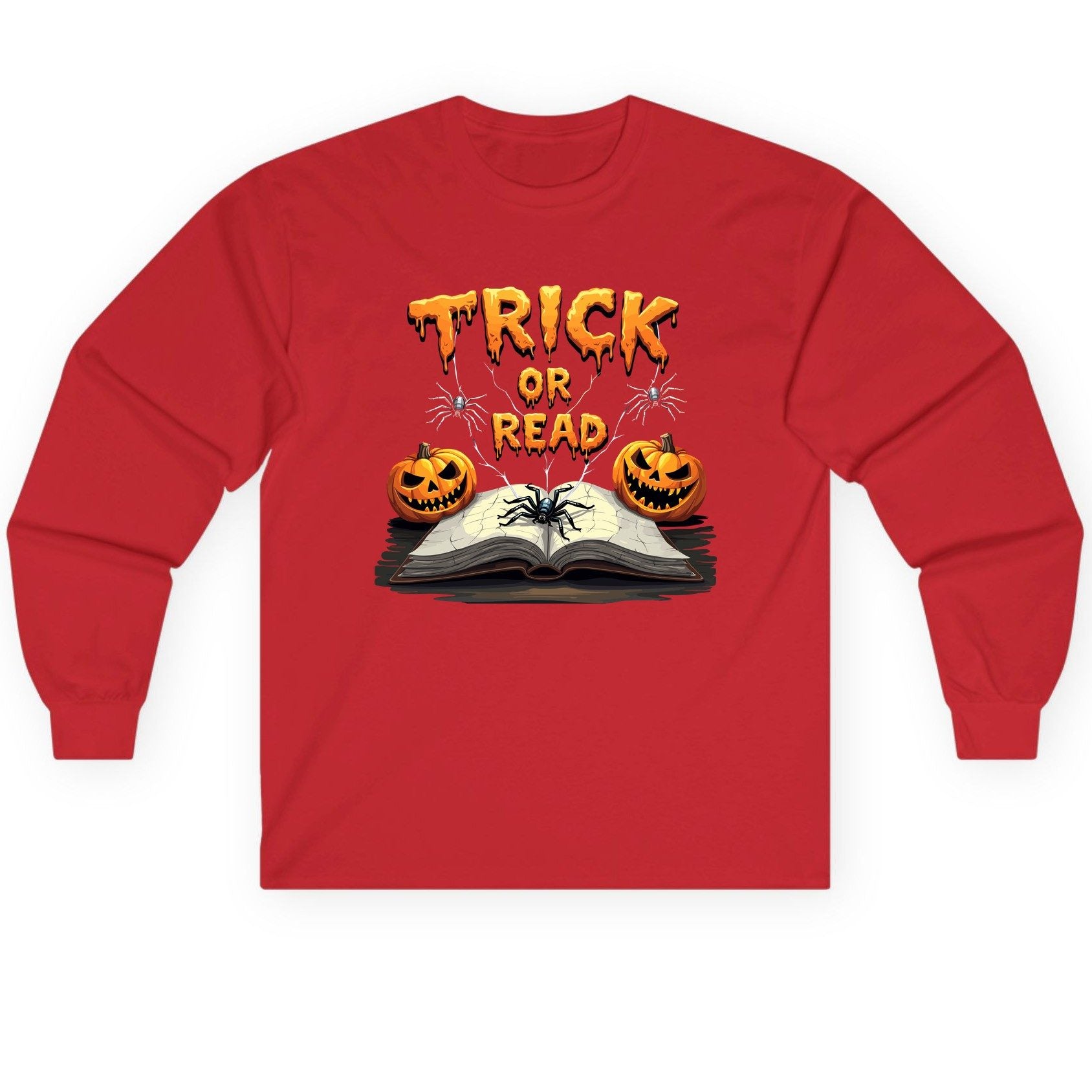 Trick or Read Halloween reading Long Sleeve Tee Red product mockup