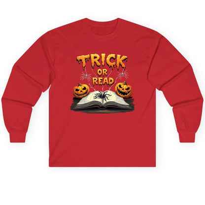Trick or Read Halloween reading Long Sleeve Tee Red product mockup
