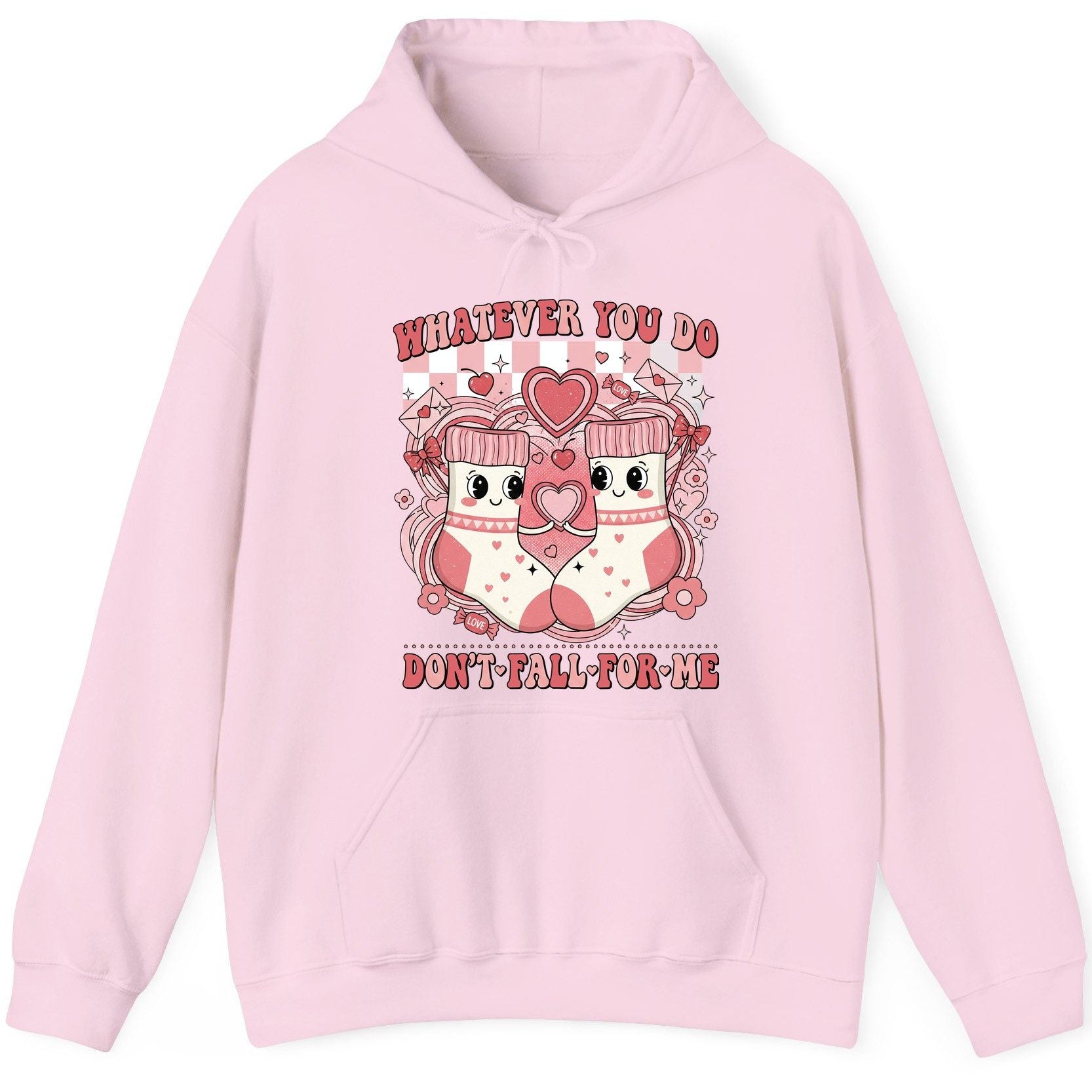 Whatever You Do Don't Fall for Me anti-Valentine's Day Hoodie Light Pink product mockup