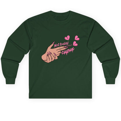 Not Today Cupid anti-Valentine's Day Long Sleeve Tee Forest Green product mockup
