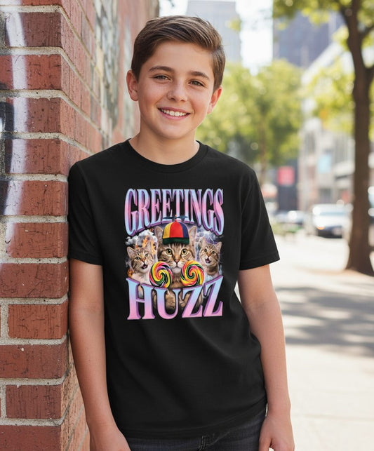 Greetings Huzz Funny Cats Youth T-Shirt - lifestyle model mockup - Black