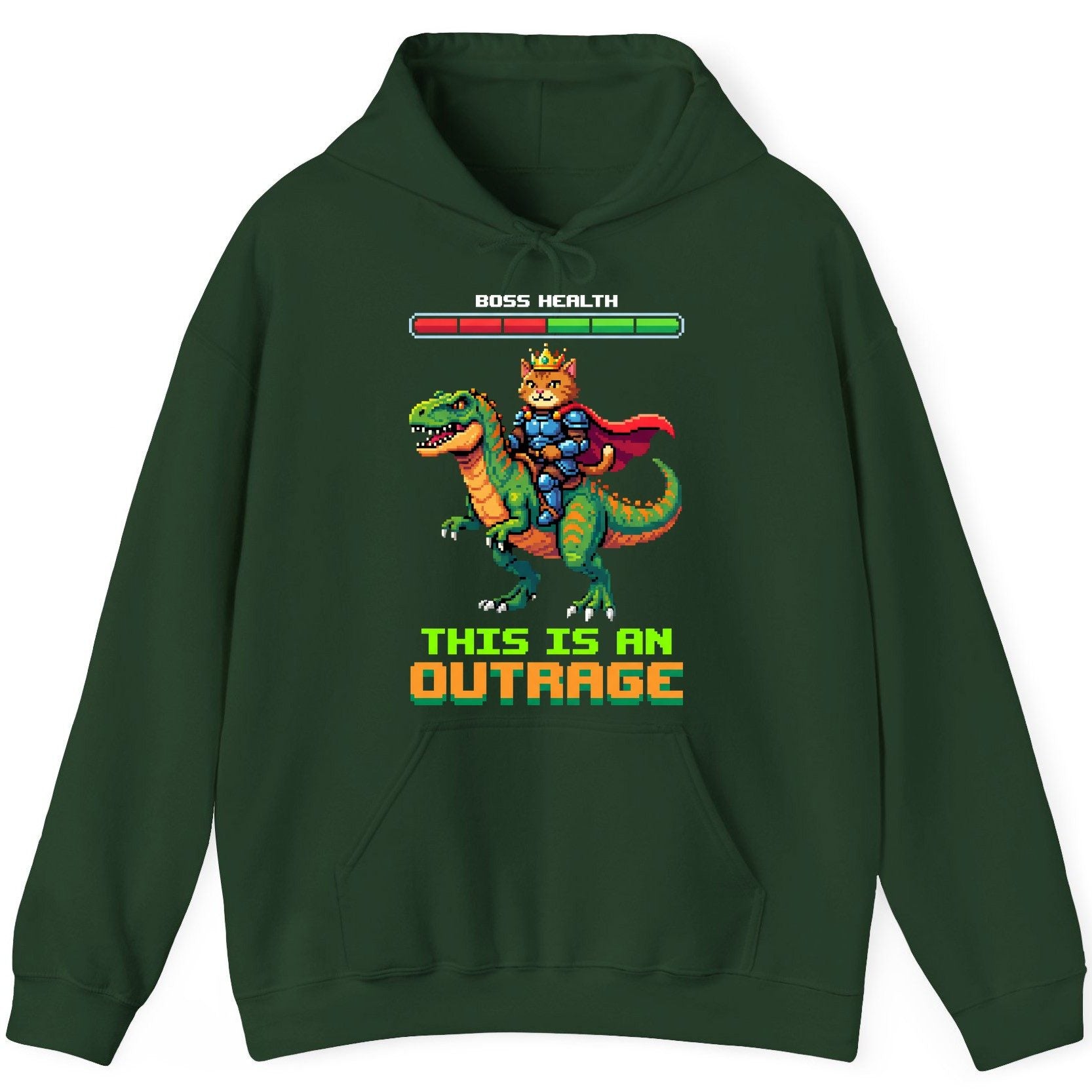 THIS IS AN OUTRAGE Cat riding a dinosaur Hoodie Forest Green product mockup