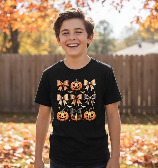 Cute Halloween Pumpkins and Bows Halloween Youth T-Shirt Black lifestyle mockup