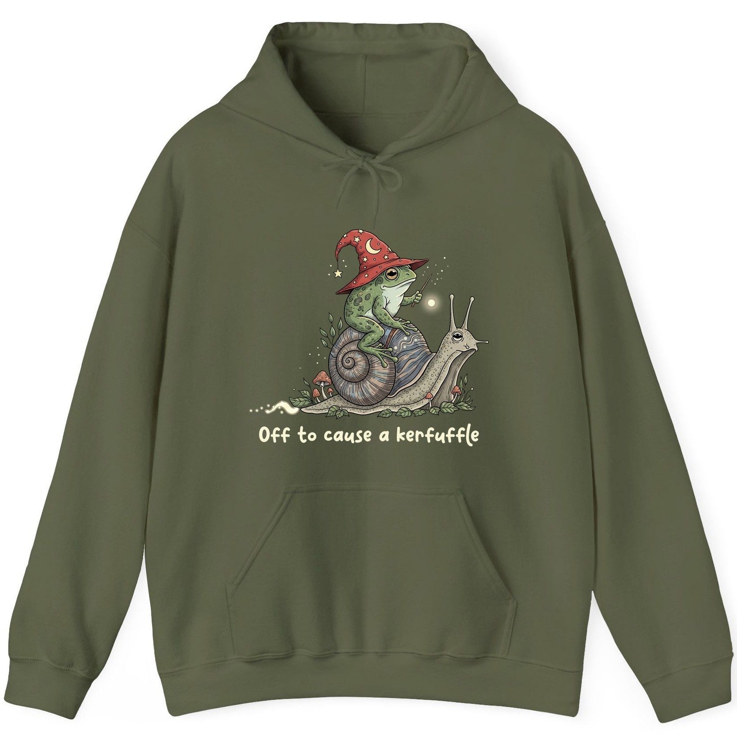 Off to Cause a Kerfuffle wizard frog Hoodie Military Green product mockup