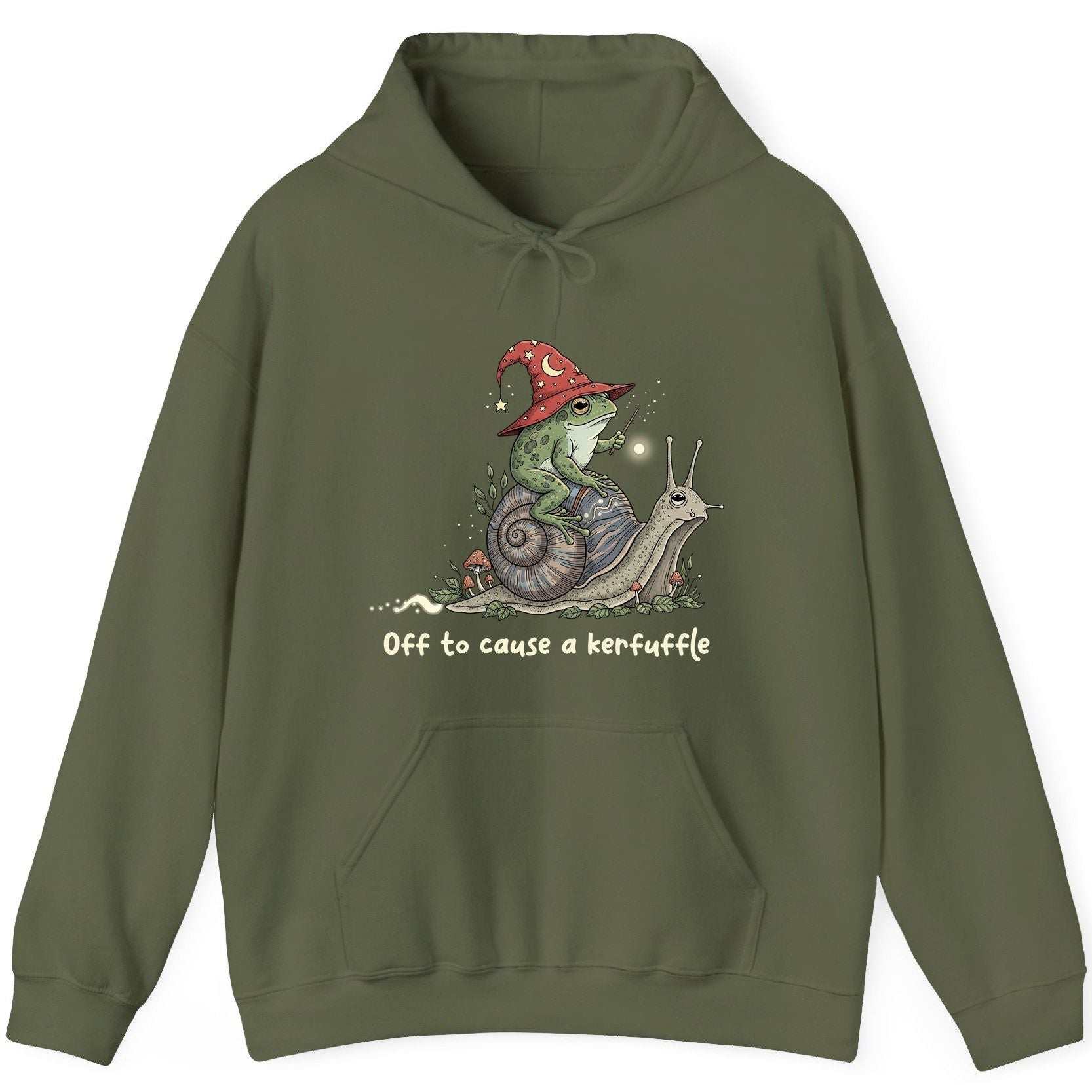 Off to Cause a Kerfuffle wizard frog Hoodie Military Green product mockup