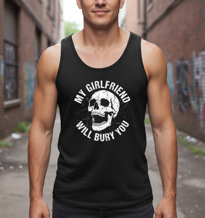 My Girlfriend Will Bury You skull Tank Top Black lifestyle mockup