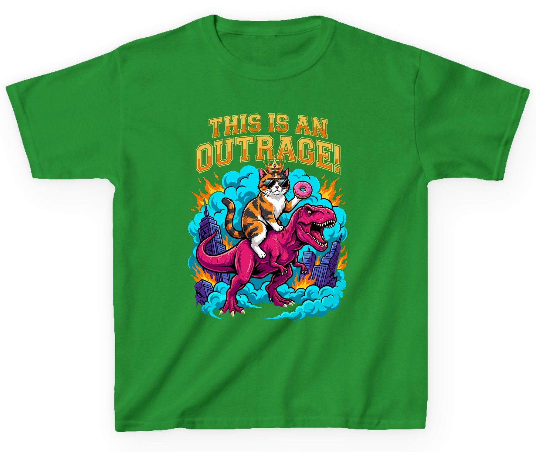 THIS IS AN OUTRAGE! Cat riding a T-Rex Youth T-Shirt Irish Green product mockup