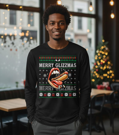 Merry Glizzzmas hot dog Long Sleeve Tee Black lifestyle mockup
