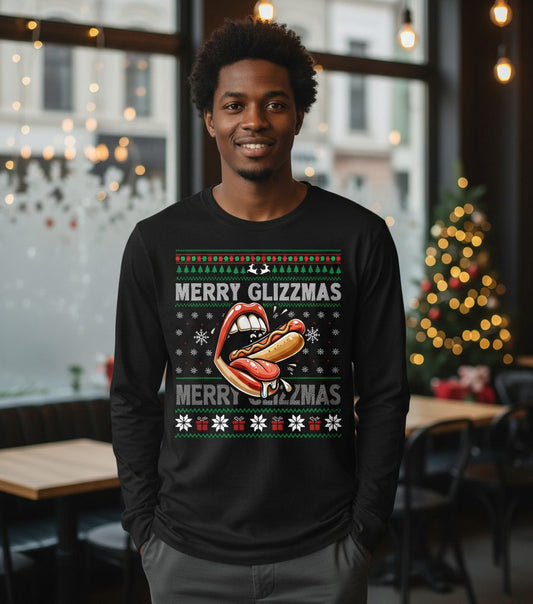 Merry Glizzzmas hot dog Long Sleeve Tee Black lifestyle mockup