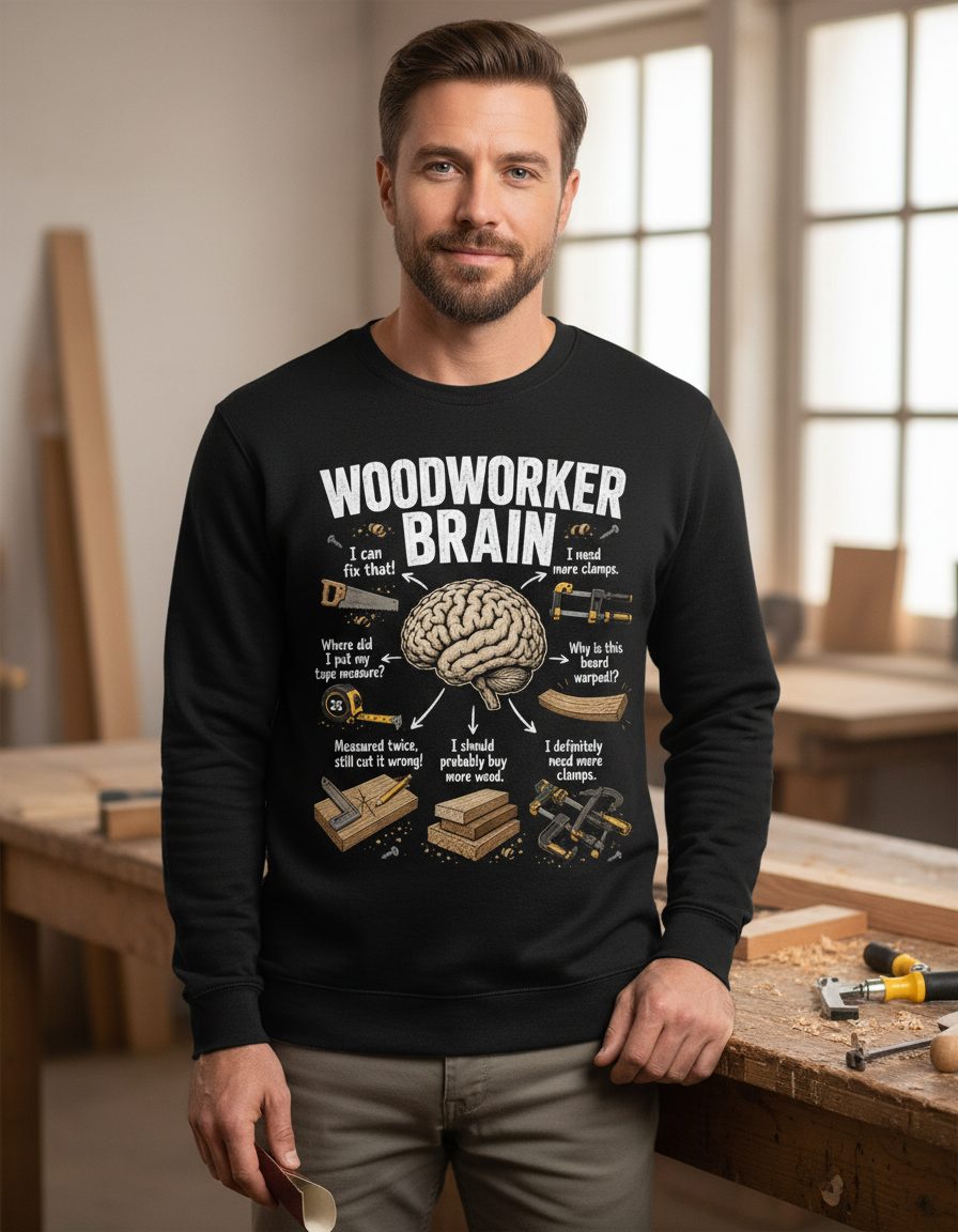 Woodworker Brain Funny Woodworking Sweatshirt - lifestyle model mockup - Black