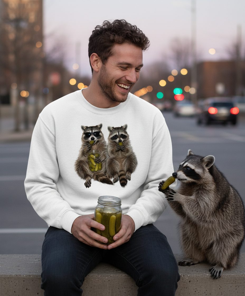 Raccoons Eating Pickles Funny Animal Lovers Sweatshirt - lifestyle model mockup - White