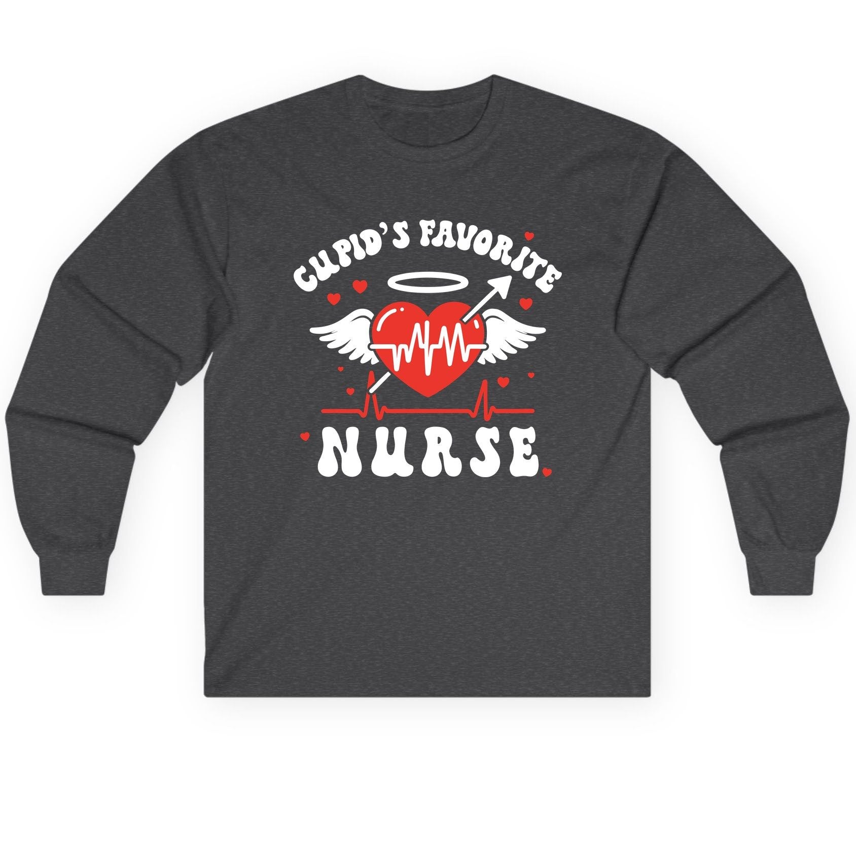 Cupid's Favorite Nurse nursing Long Sleeve Tee Dark Heather product mockup