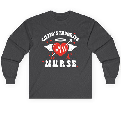 Cupid's Favorite Nurse nursing Long Sleeve Tee Dark Heather product mockup