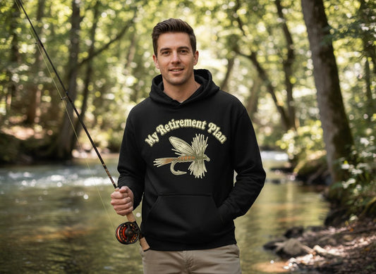 My Retirement Plan fly fishing Hoodie Black lifestyle mockup