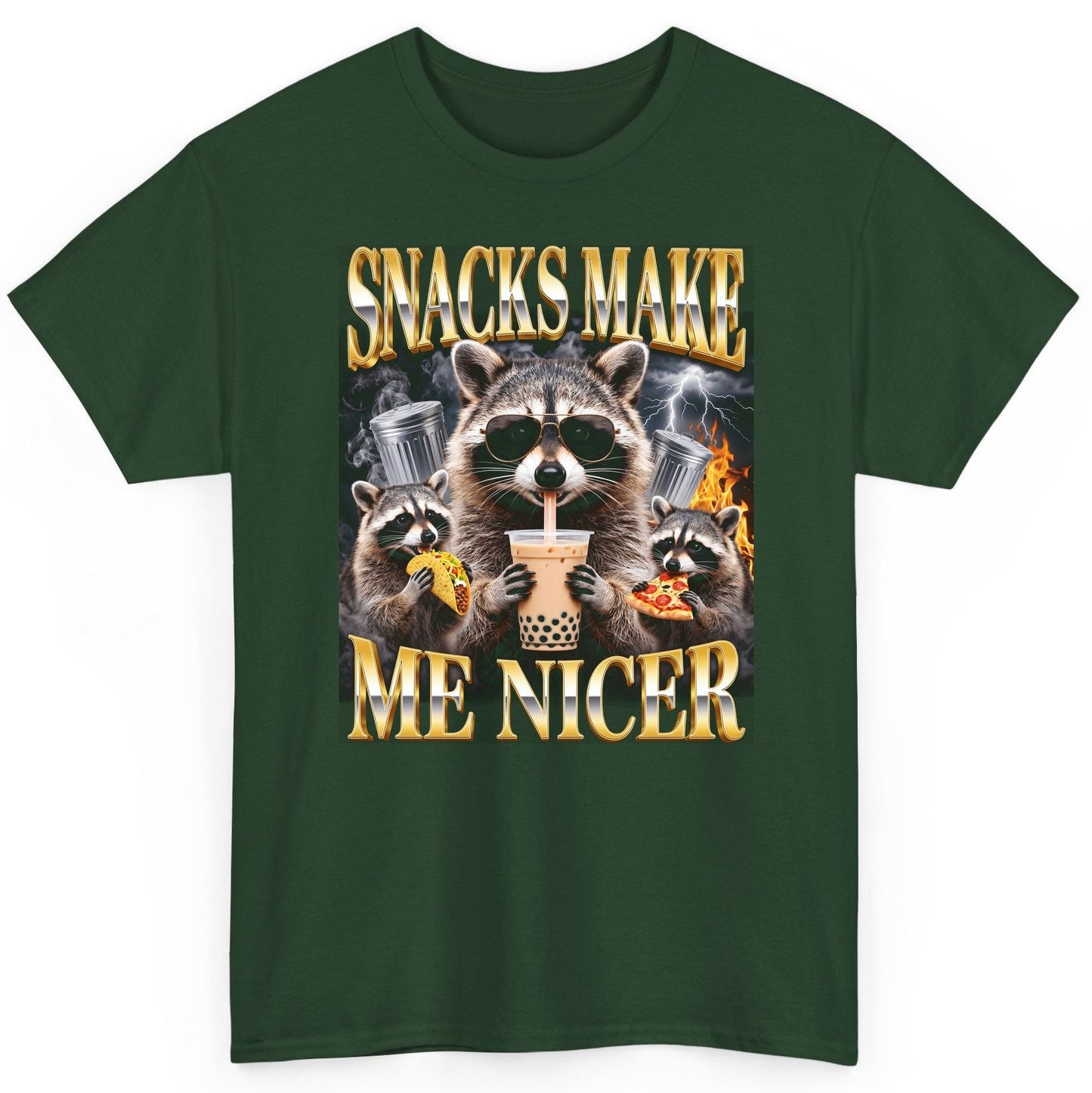 SNACKS MAKE ME NICER Funny Raccoon T-Shirt - product mockup - Forest Green