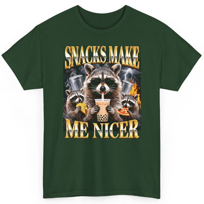 SNACKS MAKE ME NICER Funny Raccoon T-Shirt - product mockup - Forest Green