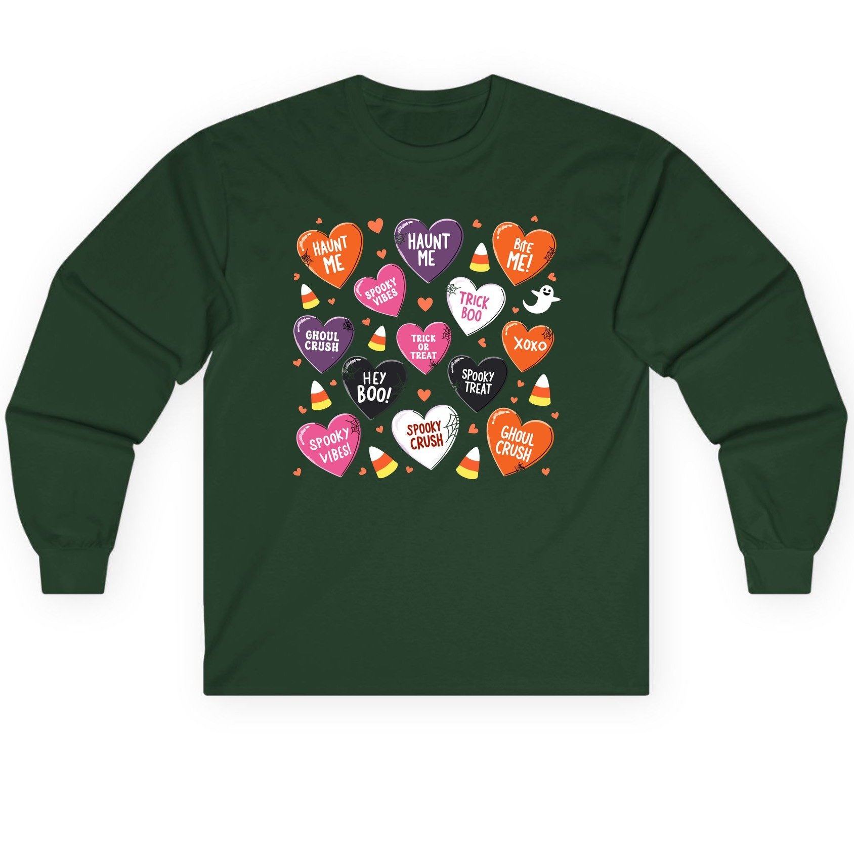 Spooky Halloween Conversation Hearts Halloween conversation hearts Long Sleeve Tee Forest Green product mockup