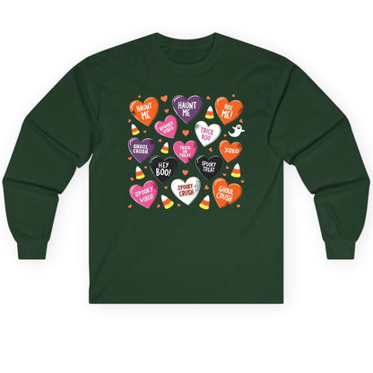 Spooky Halloween Conversation Hearts Halloween conversation hearts Long Sleeve Tee Forest Green product mockup