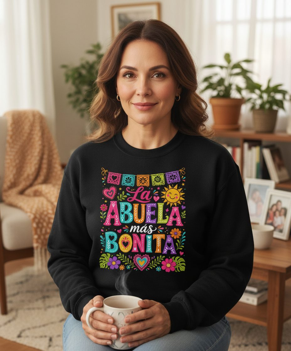 La Abuela Más Bonita Spanish Grandma Sweatshirt - lifestyle model mockup - Black