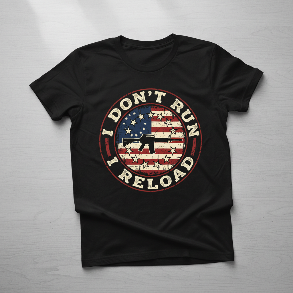 I Don't Run I Reload Pro-Gun American Flag Design T-Shirt - Black