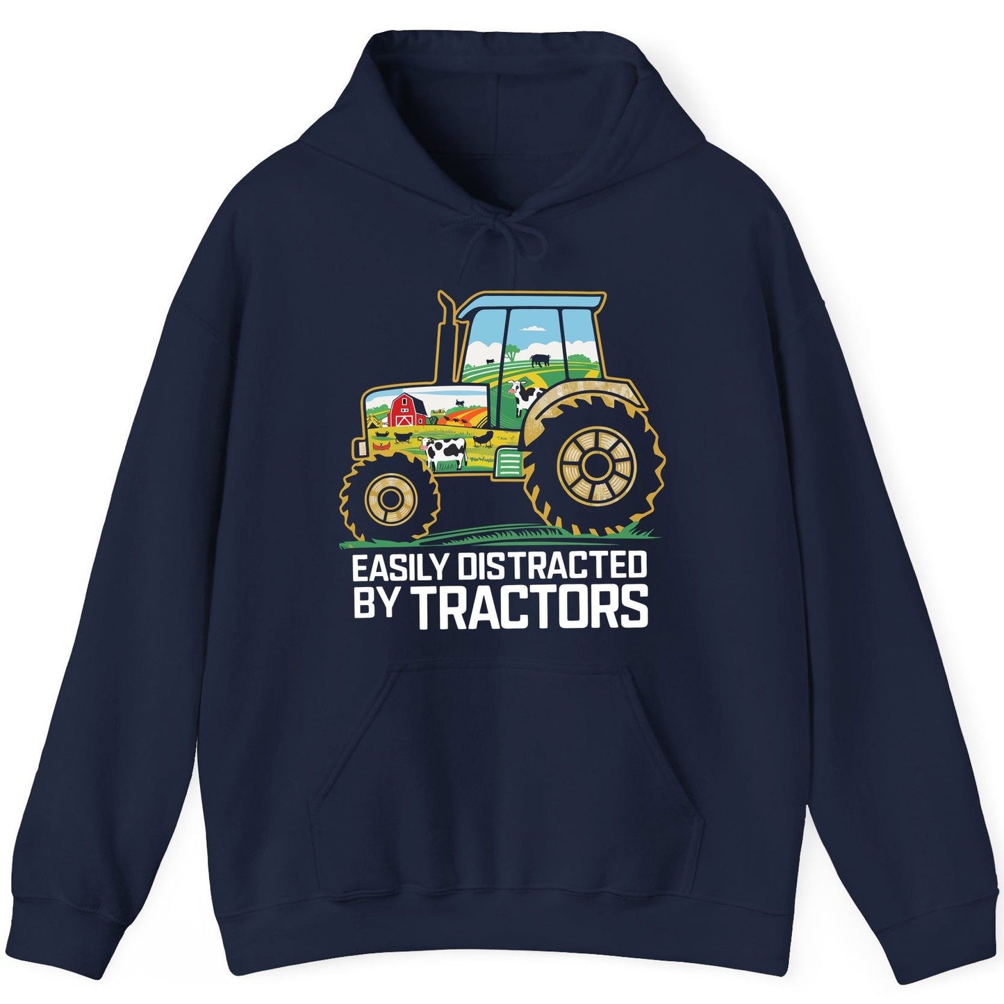 Easily Distracted by Tractors farming Hoodie Navy product mockup
