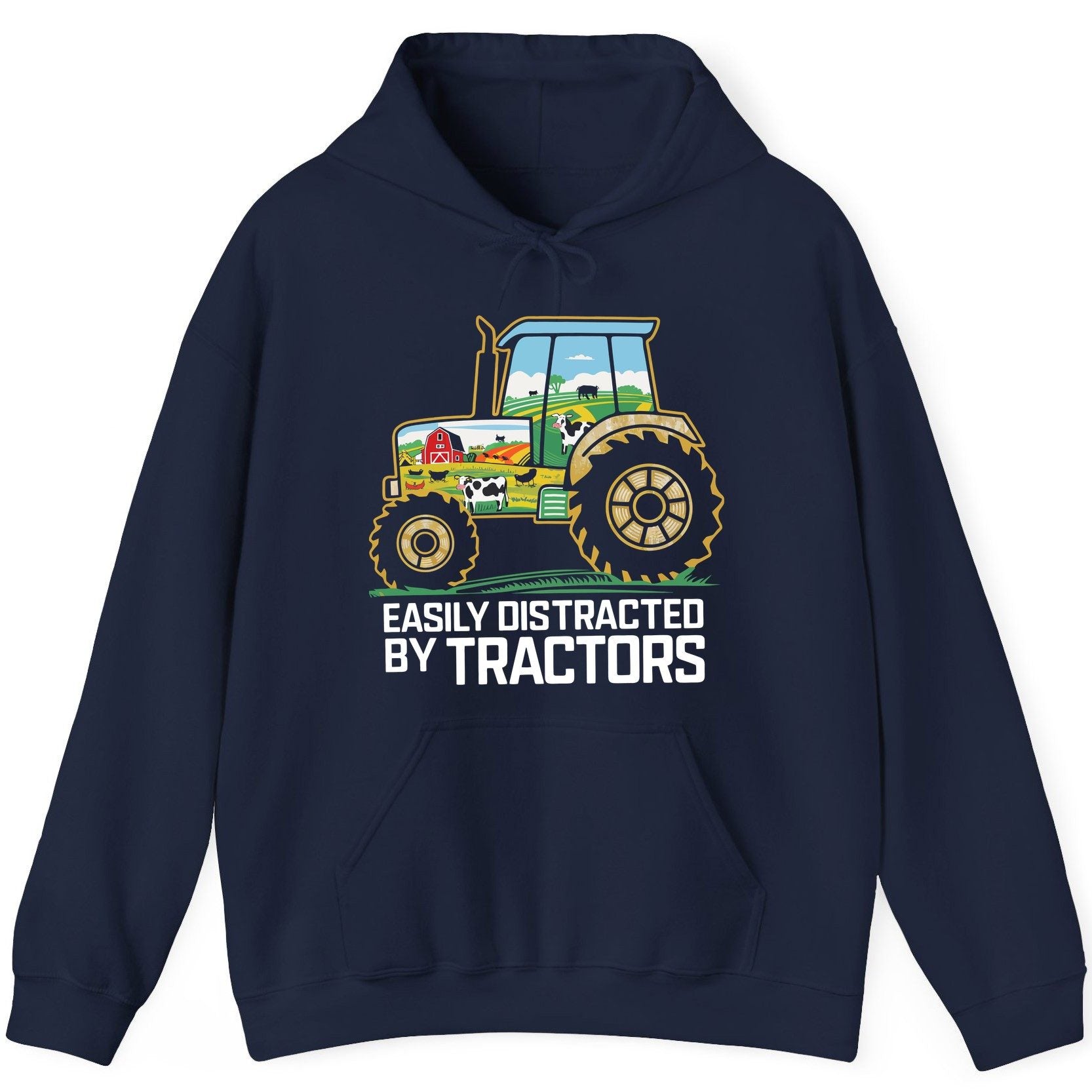 Easily Distracted by Tractors farming Hoodie Navy product mockup