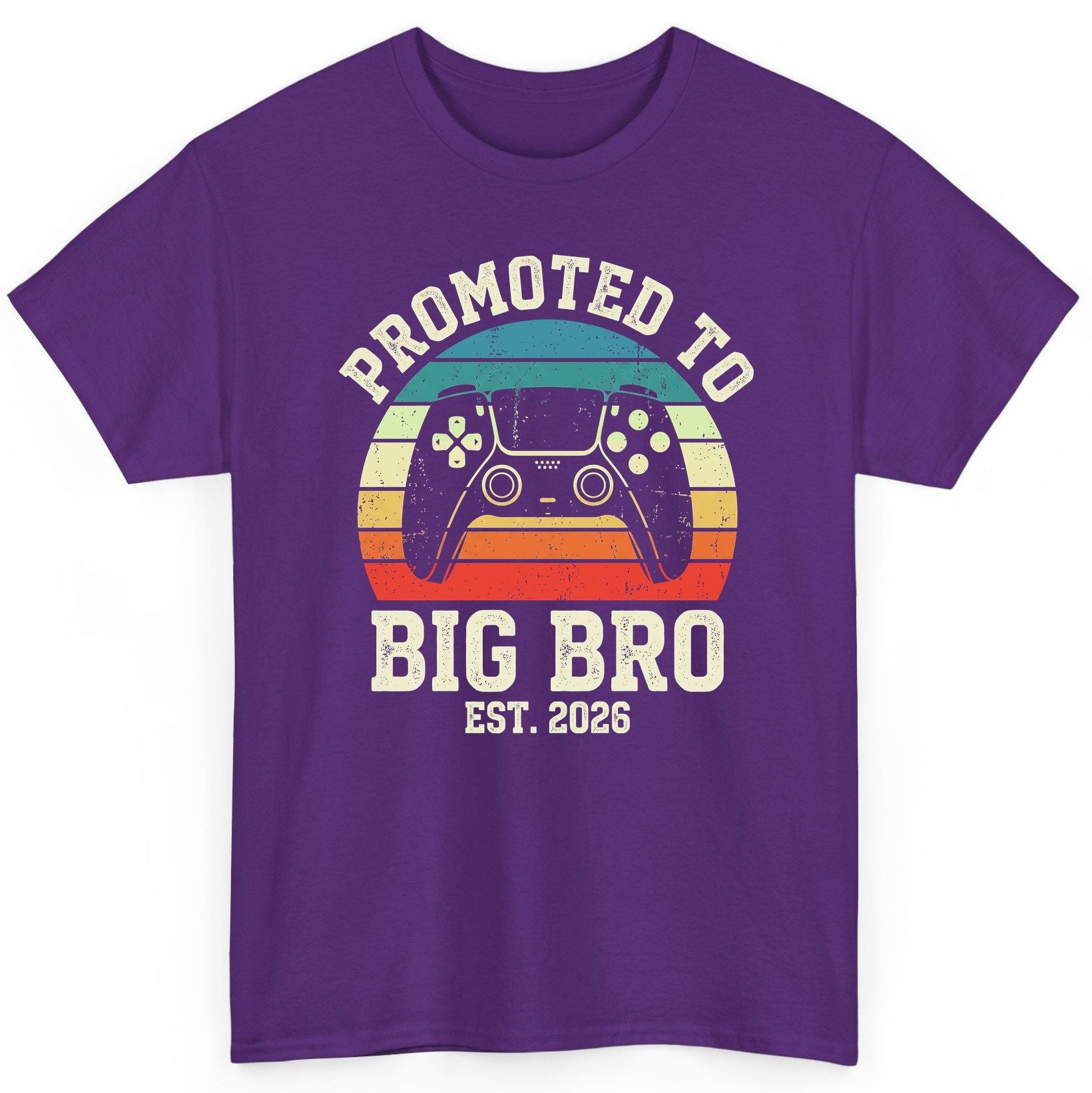 Promoted TO BIG BRO EST 2026 Retro Gaming T-Shirt - product mockup - Purple