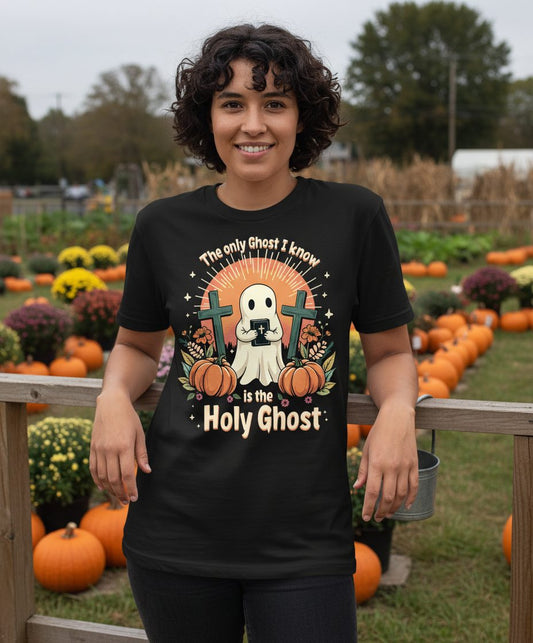 The Only Ghost I Know Is the Holy Ghost christian Halloween T-Shirt Black lifestyle mockup