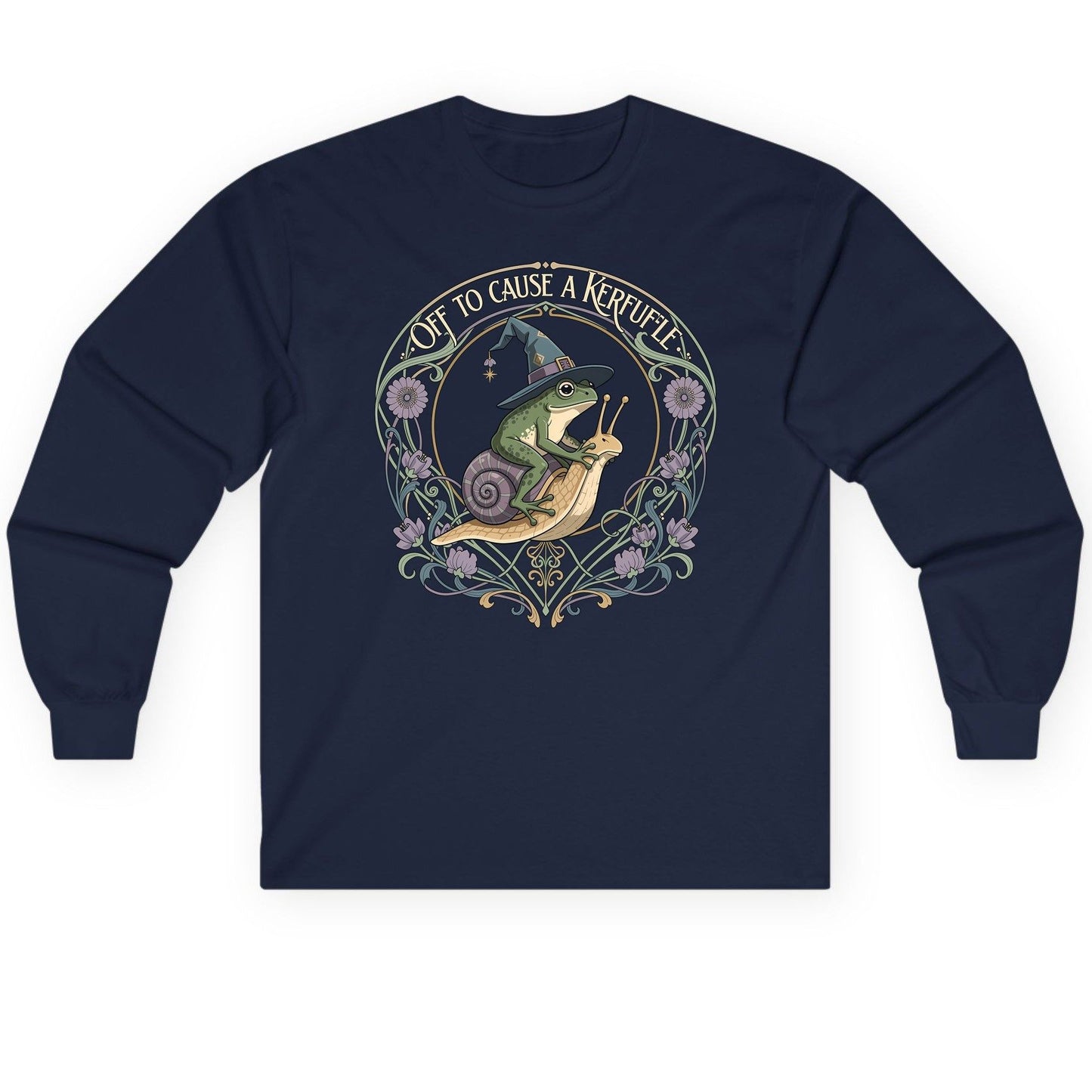 Off to Cause a Kerfuffle frog riding a snail Long Sleeve Tee Navy product mockup