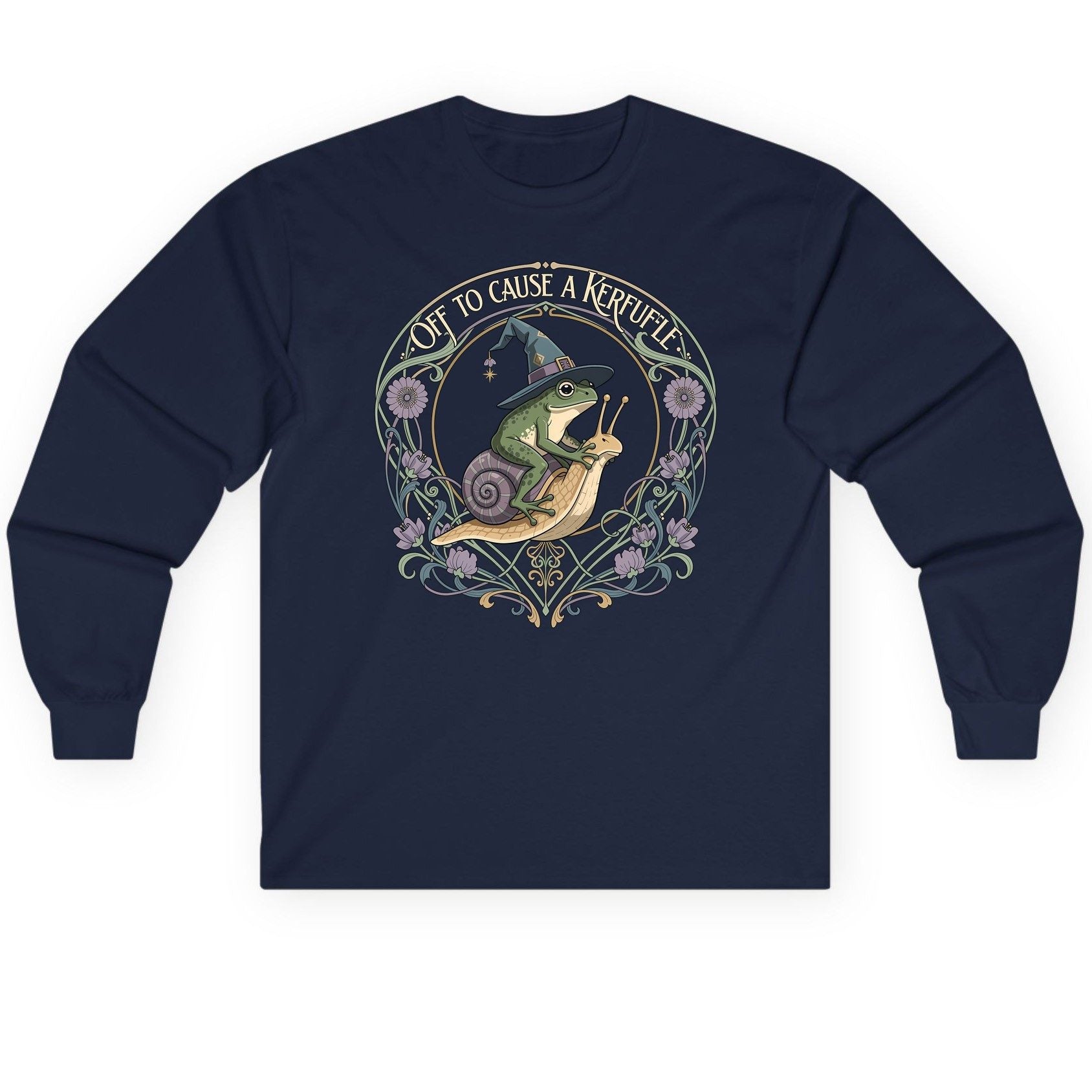 Off to Cause a Kerfuffle frog riding a snail Long Sleeve Tee Navy product mockup