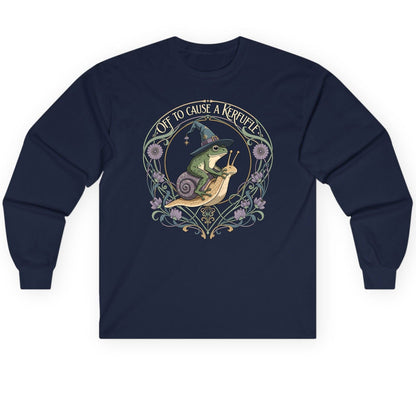 Off to Cause a Kerfuffle frog riding a snail Long Sleeve Tee Navy product mockup